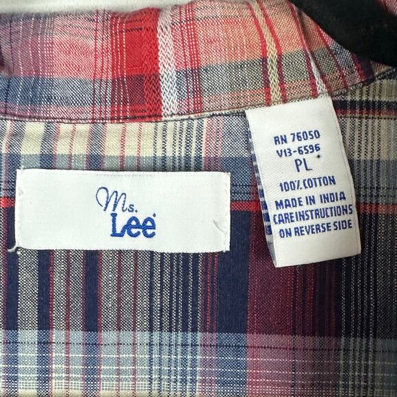 Womens Ms Lee Red Navy Plaid Button Up Lightweight Jacket 3/4 Sleeve Cotton PL - Picture 6 of 7